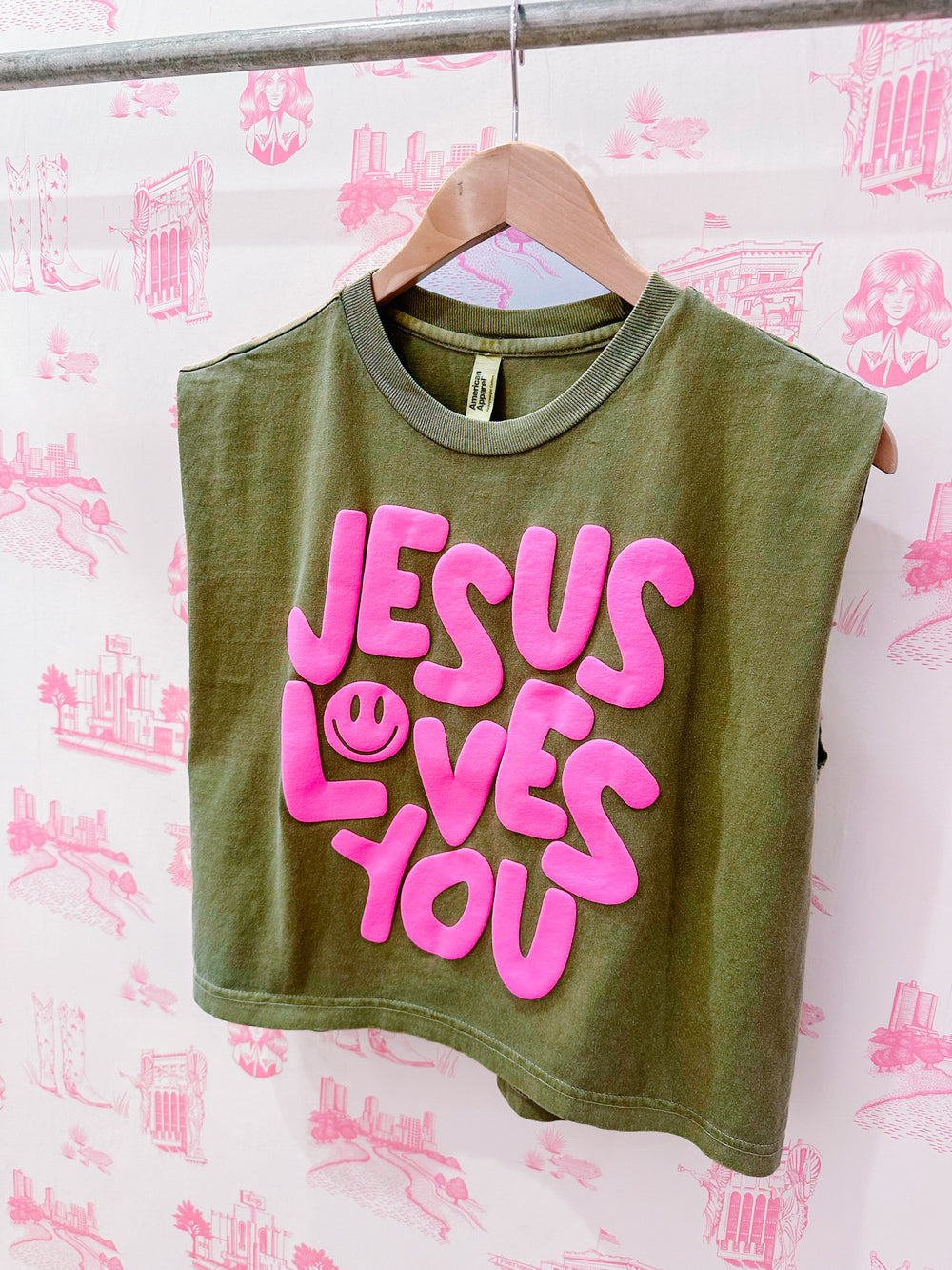 JESUS LOVES YOU MUSCLE TEE - GREEN/PINK
