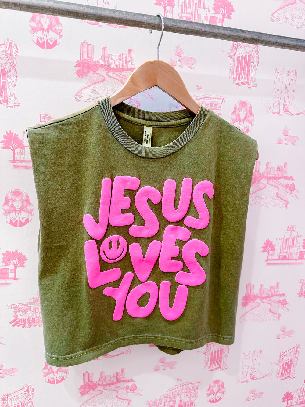 JESUS LOVES YOU MUSCLE TEE - GREEN/PINK