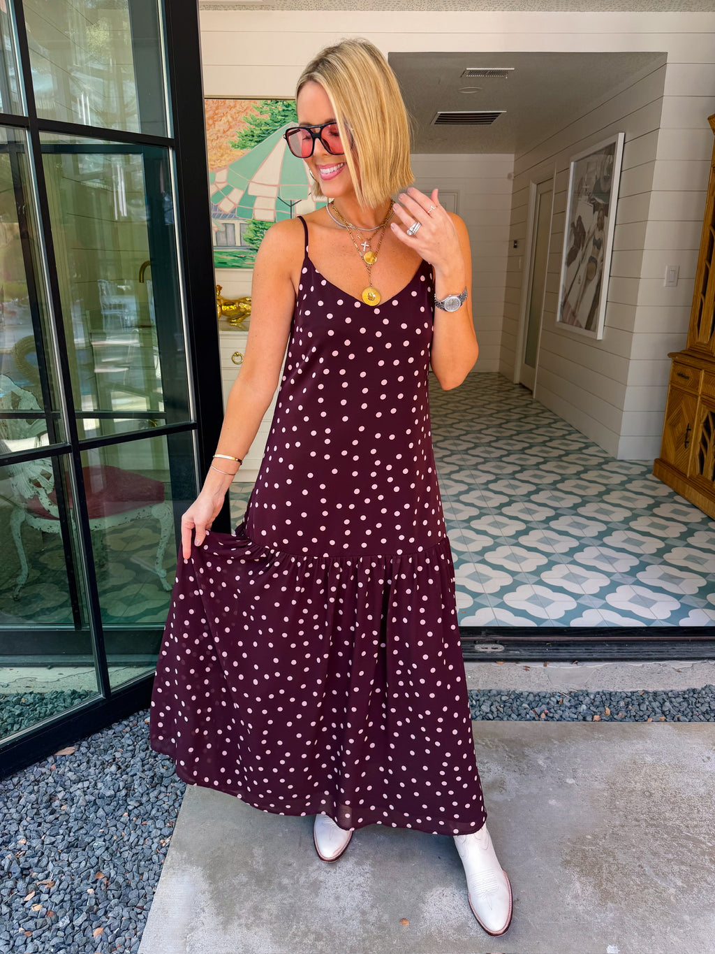 SOMETHING ABOUT YOU POLKA DOT MIDI DRESS - PLUM/BLUSH