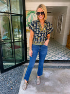 COLLECTED ALONG THE WAY FLORAL V NECK TOP - NAVY