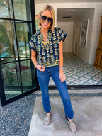 COLLECTED ALONG THE WAY FLORAL V NECK TOP - NAVY