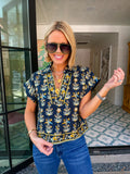 COLLECTED ALONG THE WAY FLORAL V NECK TOP - NAVY