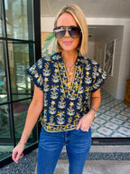 COLLECTED ALONG THE WAY FLORAL V NECK TOP - NAVY