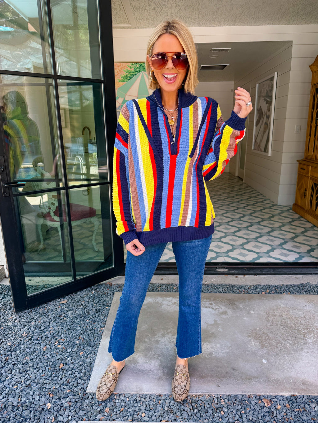MOLLY MOCKNECK COLORFUL STRIPE SWEATER - NAVY