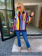 MOLLY MOCKNECK COLORFUL STRIPE SWEATER - NAVY