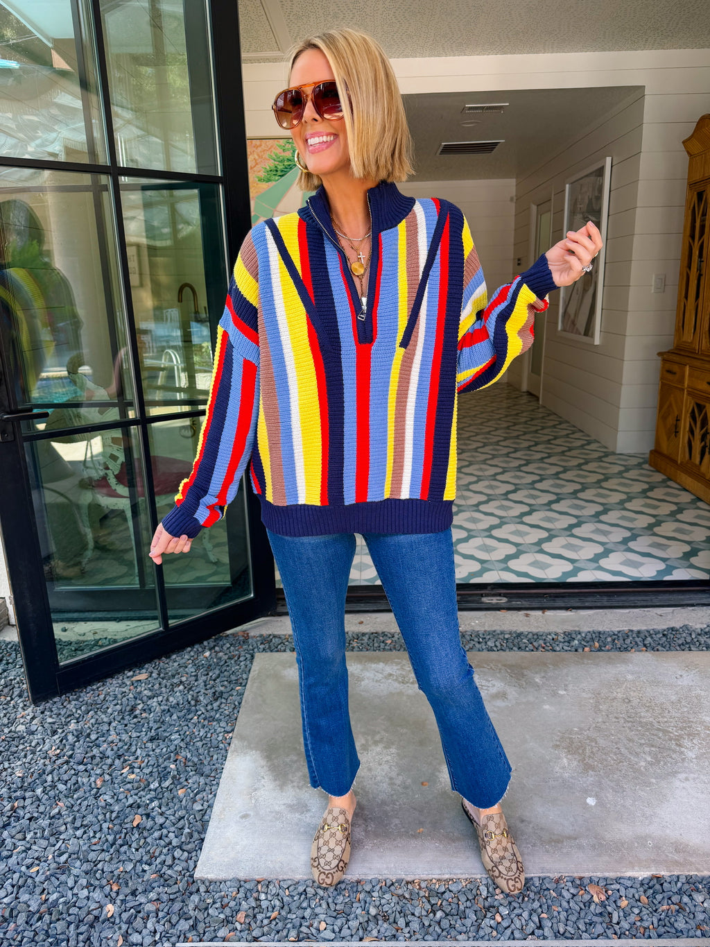 MOLLY MOCKNECK COLORFUL STRIPE SWEATER - NAVY
