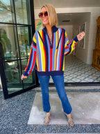 MOLLY MOCKNECK COLORFUL STRIPE SWEATER - NAVY
