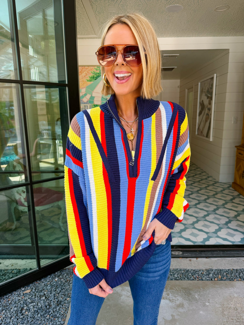 MOLLY MOCKNECK COLORFUL STRIPE SWEATER - NAVY