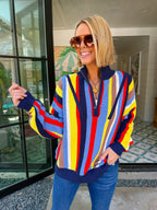 MOLLY MOCKNECK COLORFUL STRIPE SWEATER - NAVY