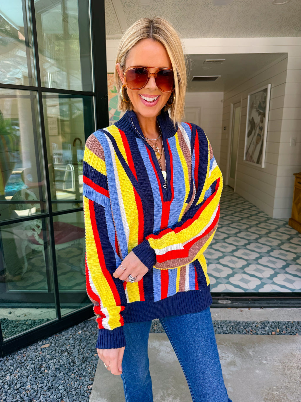 MOLLY MOCKNECK COLORFUL STRIPE SWEATER - NAVY