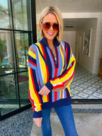 MOLLY MOCKNECK COLORFUL STRIPE SWEATER - NAVY