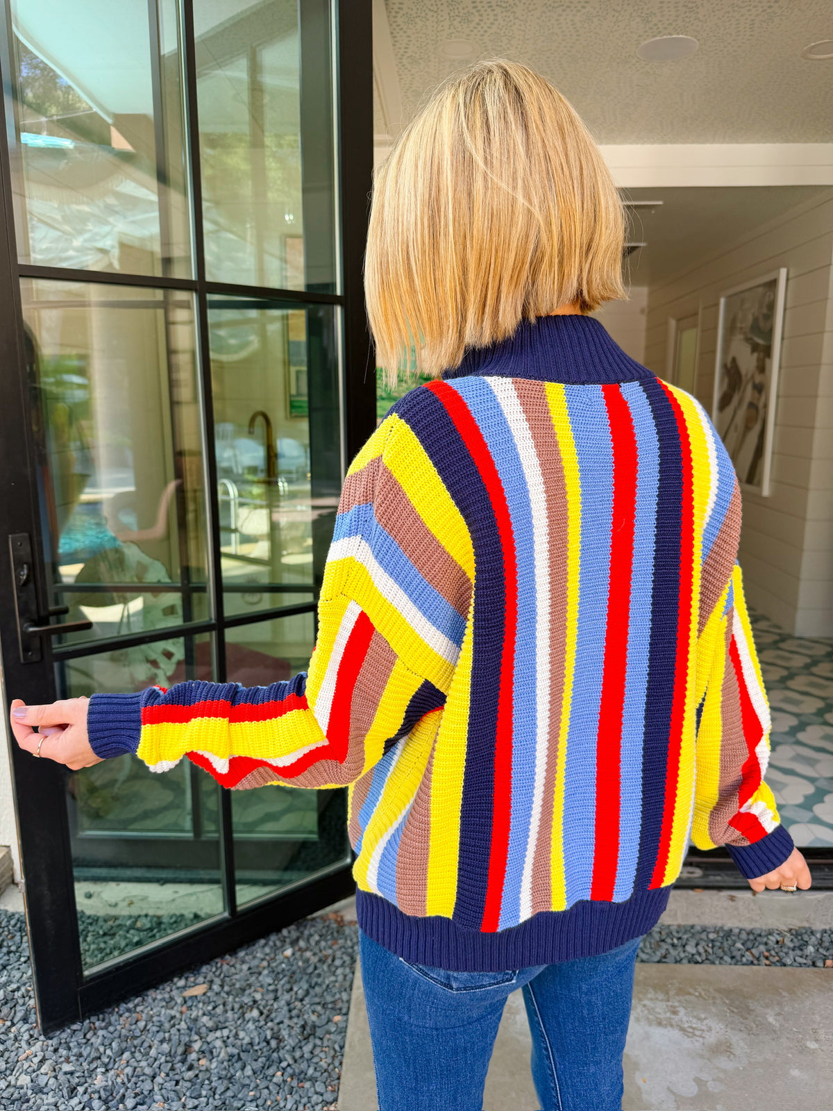 MOLLY MOCKNECK COLORFUL STRIPE SWEATER - NAVY