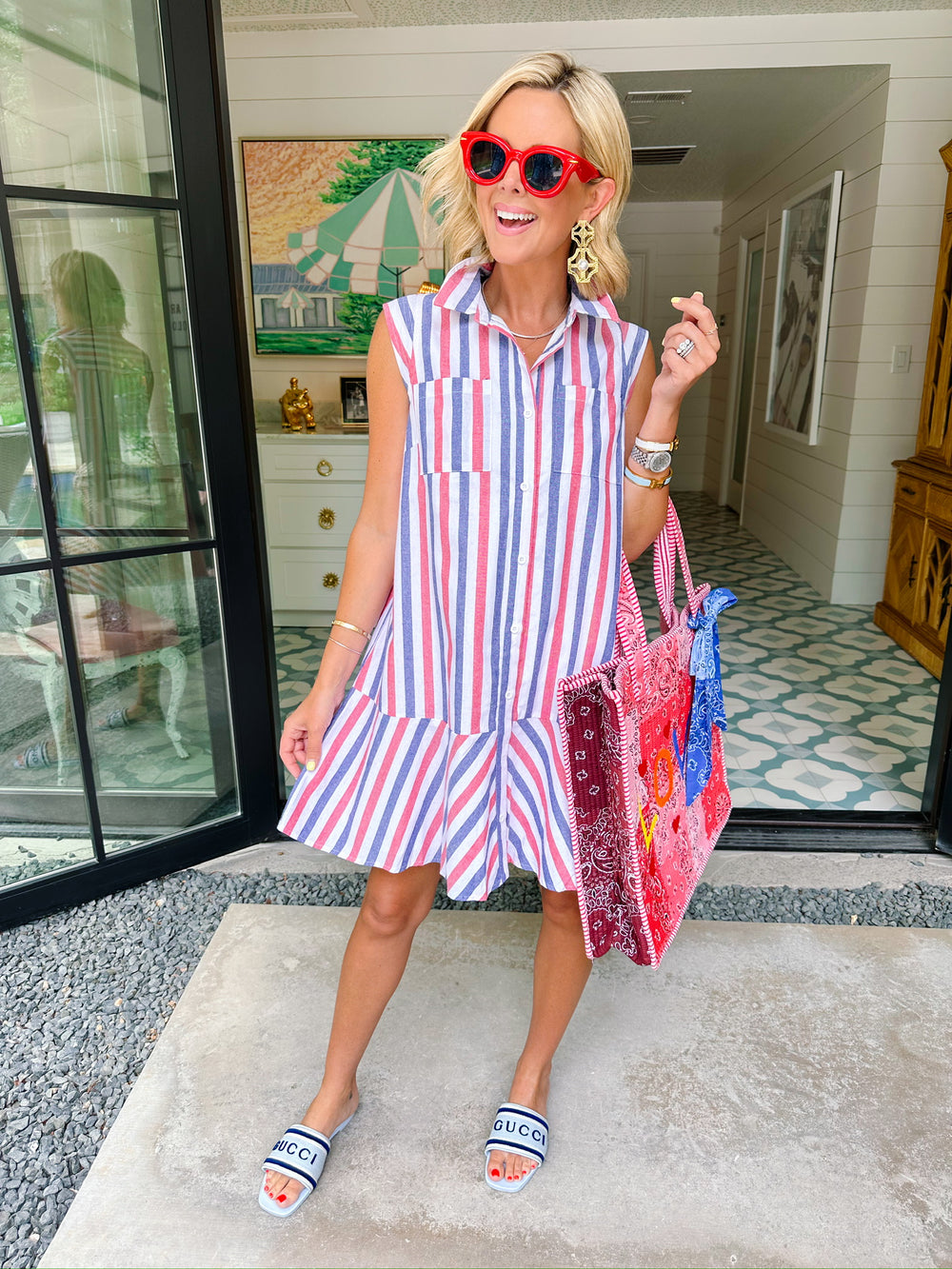 LIBERTY LINES STRIPE BUTTON UP DRESS - RED/NAVY