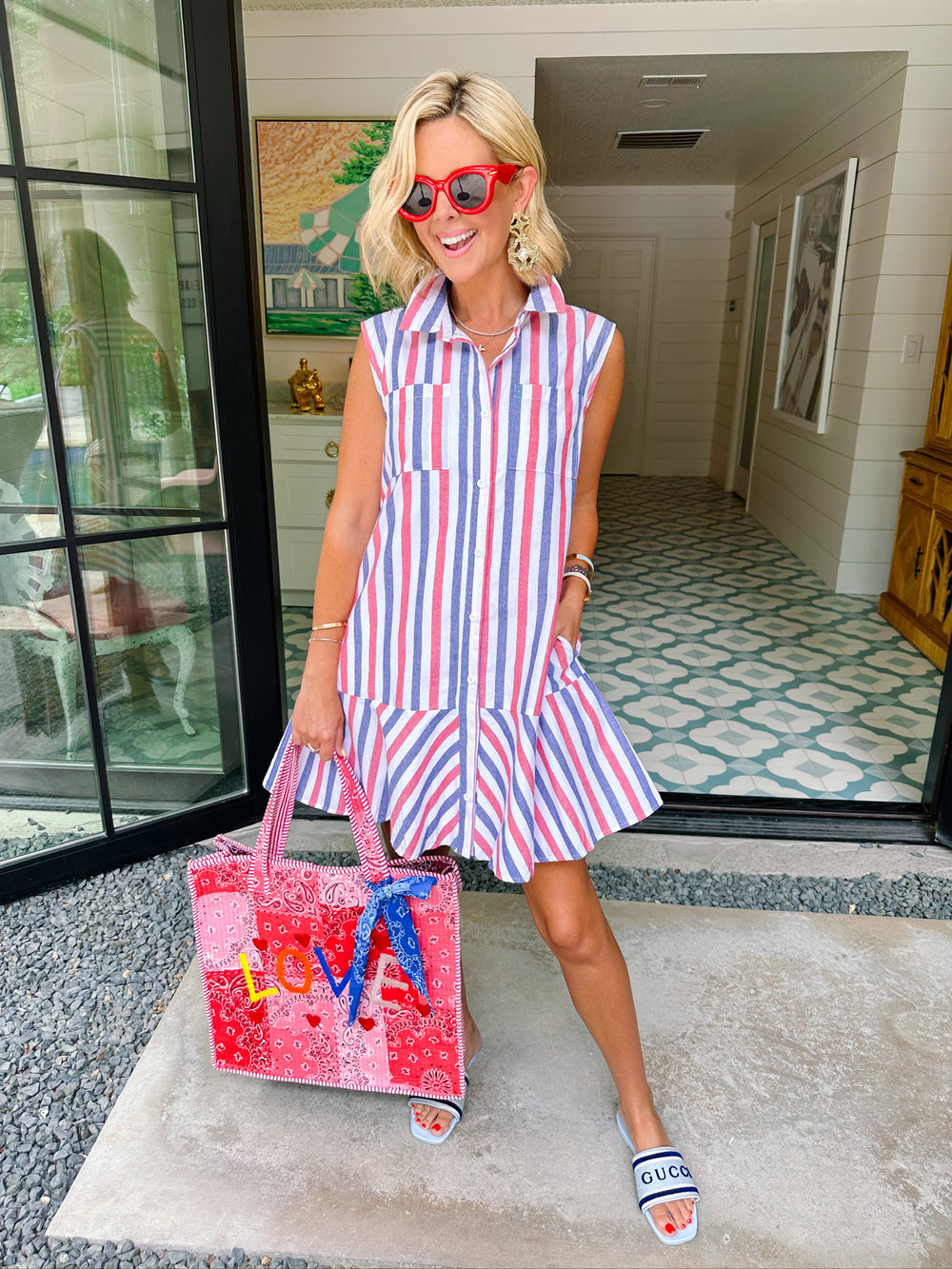 LIBERTY LINES STRIPE BUTTON UP DRESS - RED/NAVY