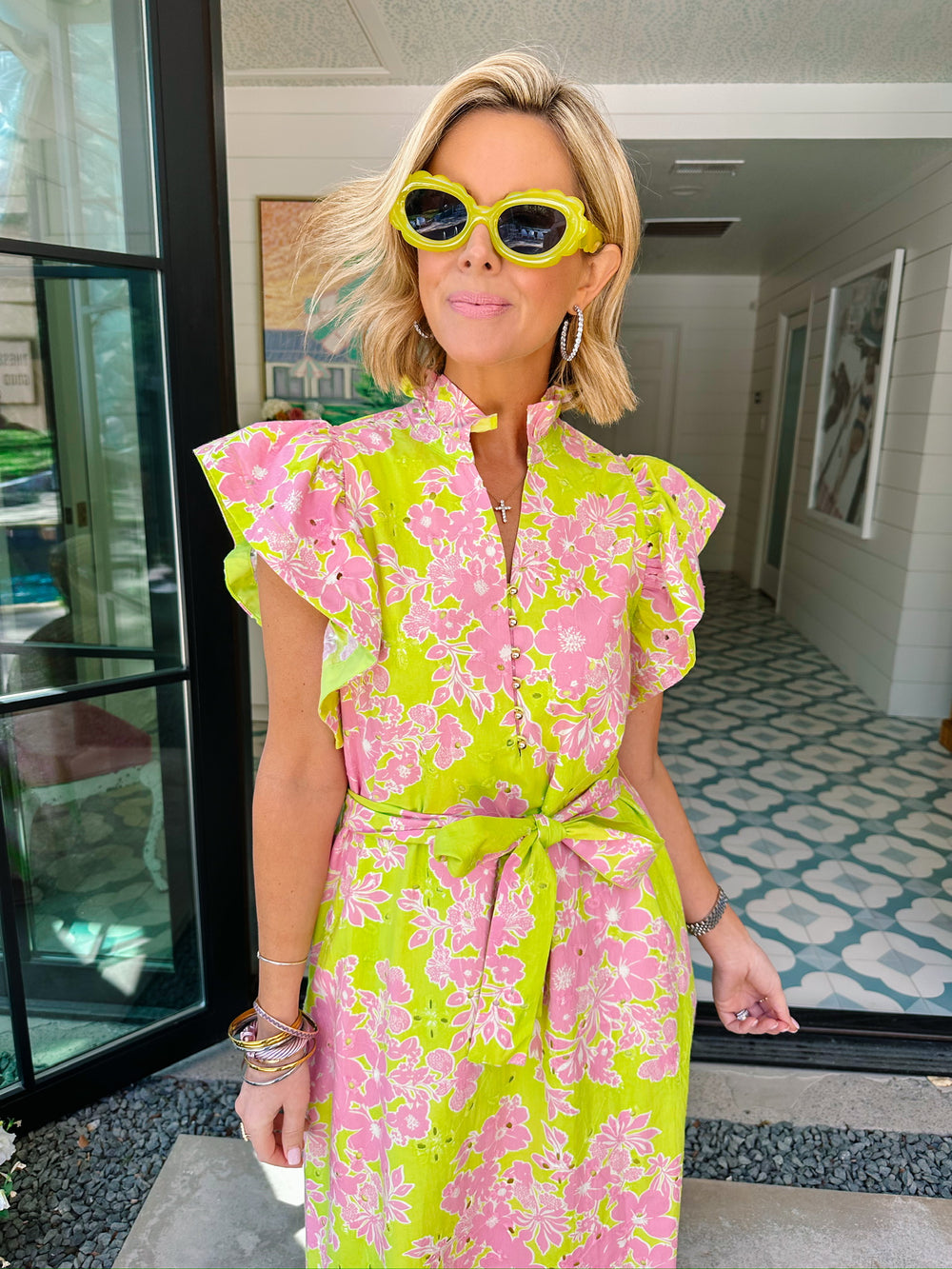 JUST A THOUGHT FLORAL EYELET MIDI DRESS - GREEN/PINK