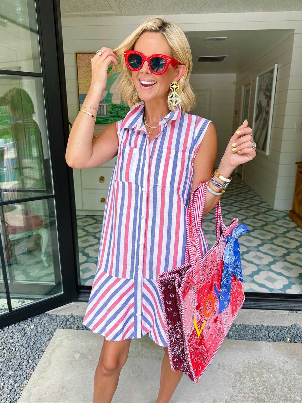 LIBERTY LINES STRIPE BUTTON UP DRESS - RED/NAVY