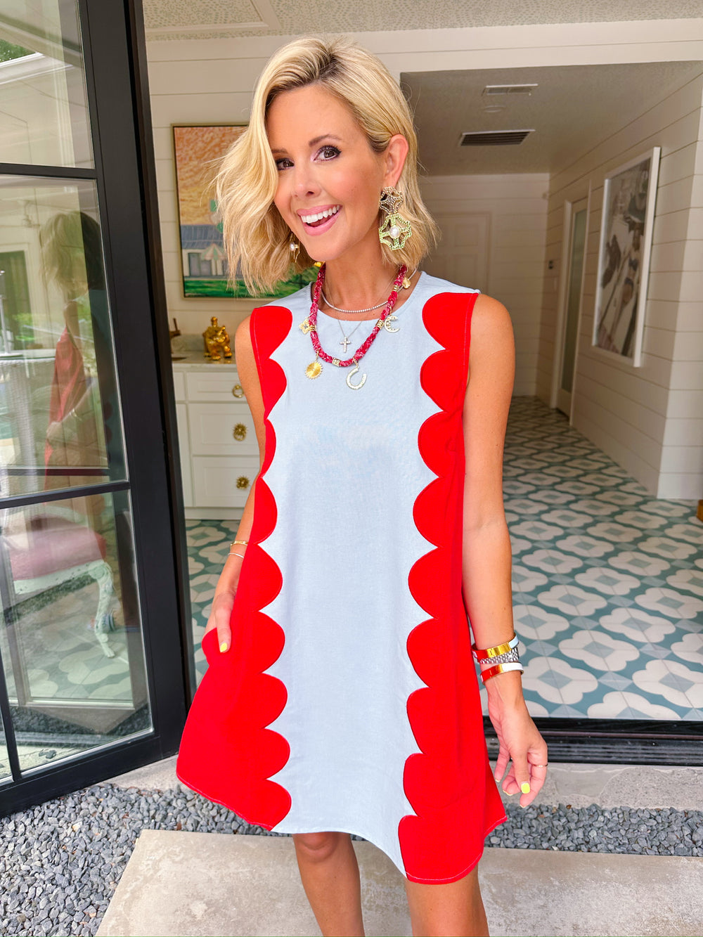 ON THE BRIGHT SIDE SCALLOP TRIM DRESS - BLUE/RED