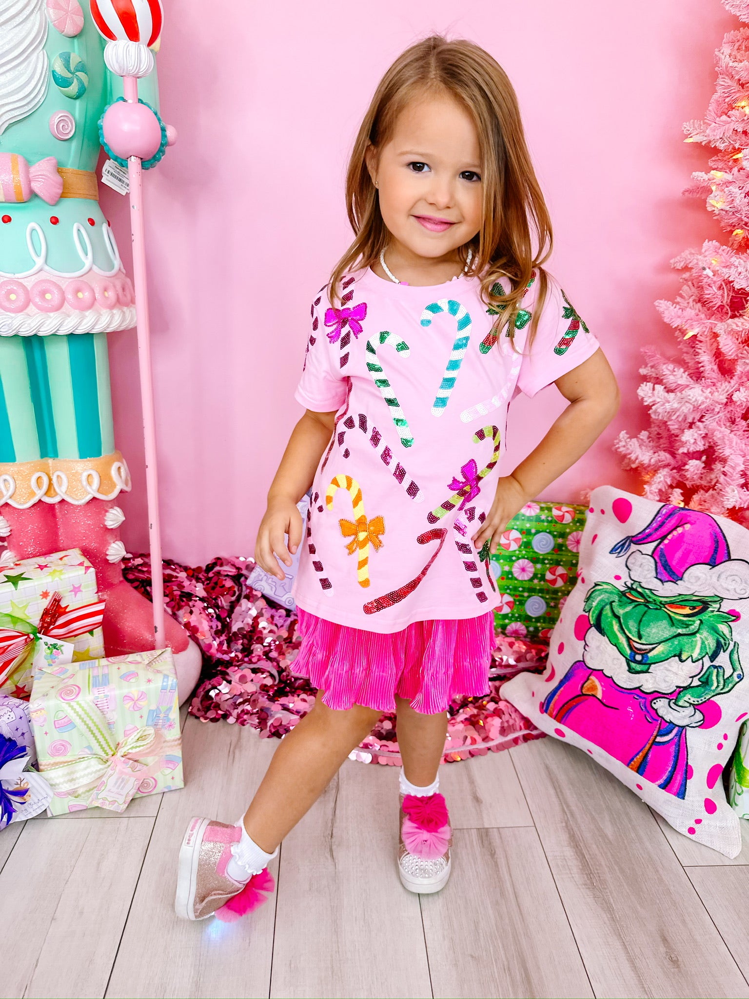 KIDS RAINBOW CANDY CANE TEE - PINK