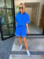 EVERY STEP OF THE WAY STRIPE TRIM SHORTS SET - BLUE