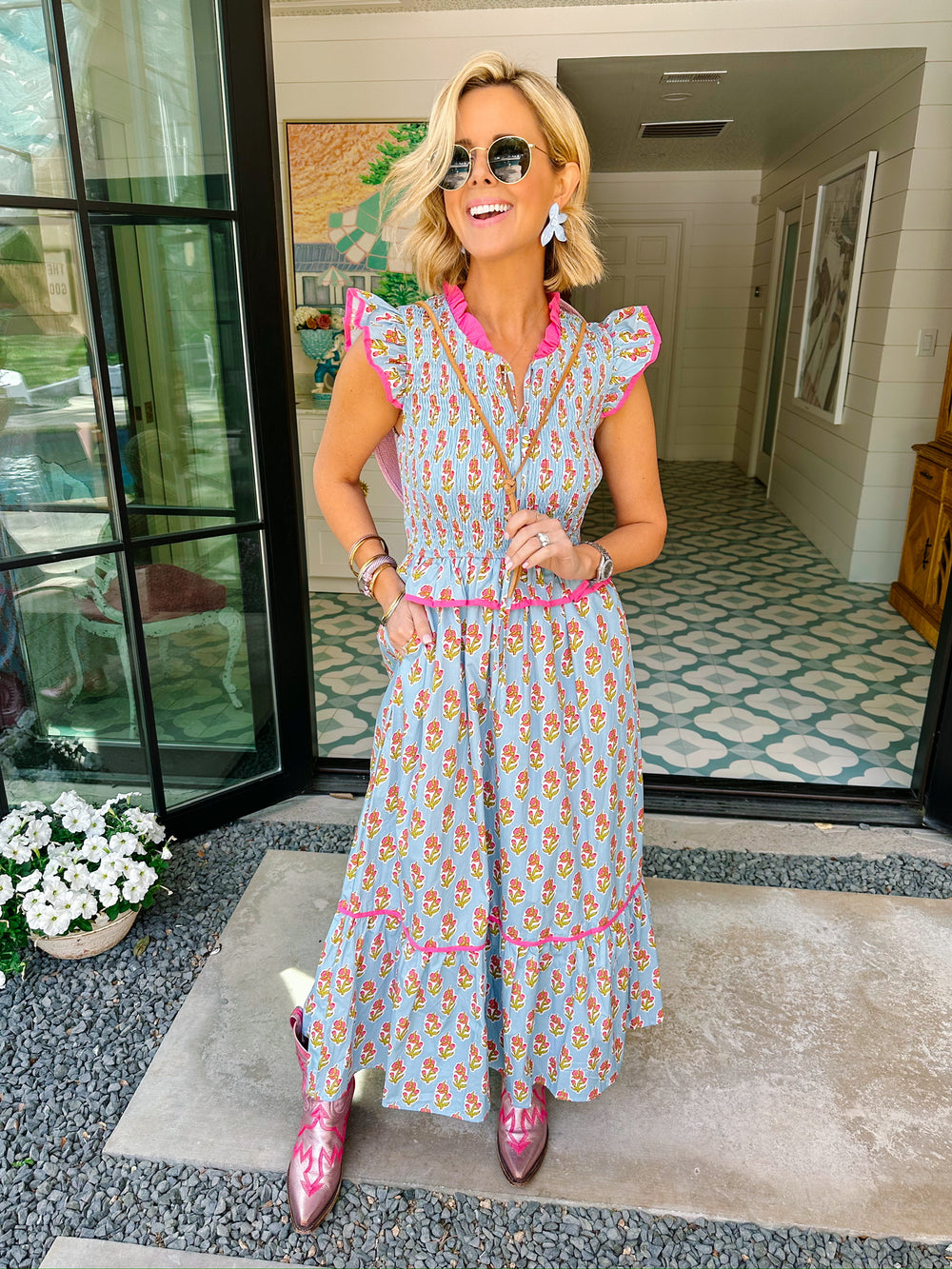 WORTH THE WAIT SMOCKED FLORAL BLOCK MIDI DRESS