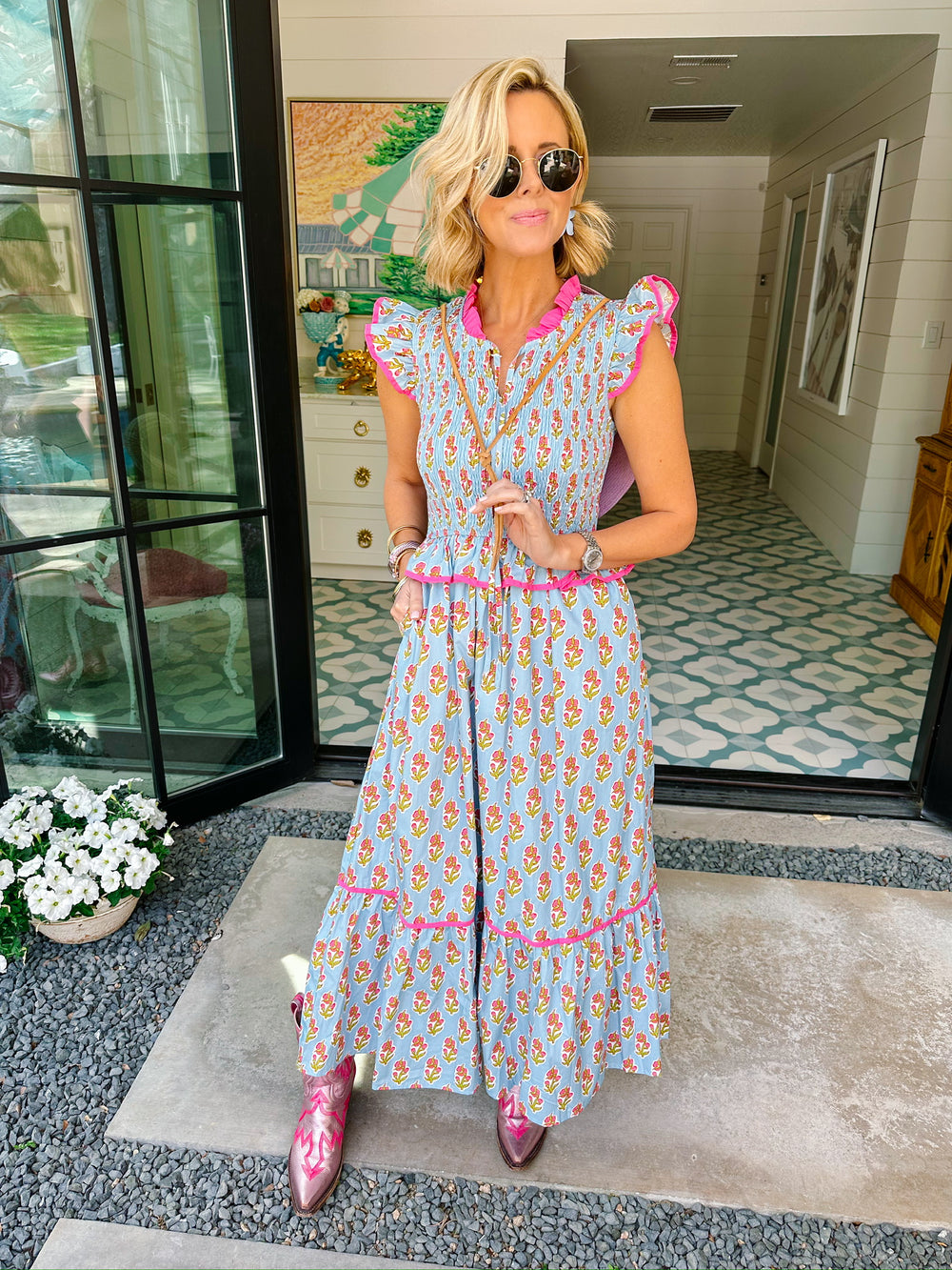 WORTH THE WAIT SMOCKED FLORAL BLOCK MIDI DRESS