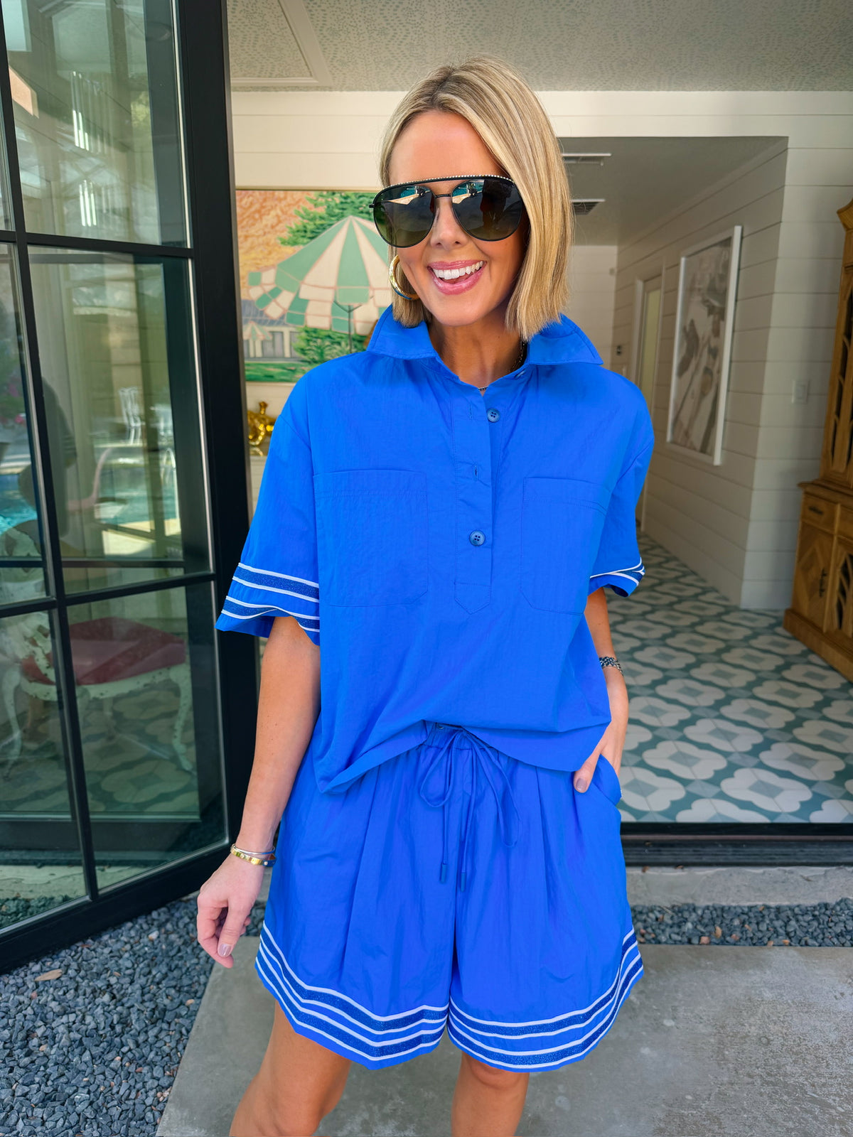 EVERY STEP OF THE WAY STRIPE TRIM SHORTS SET - BLUE