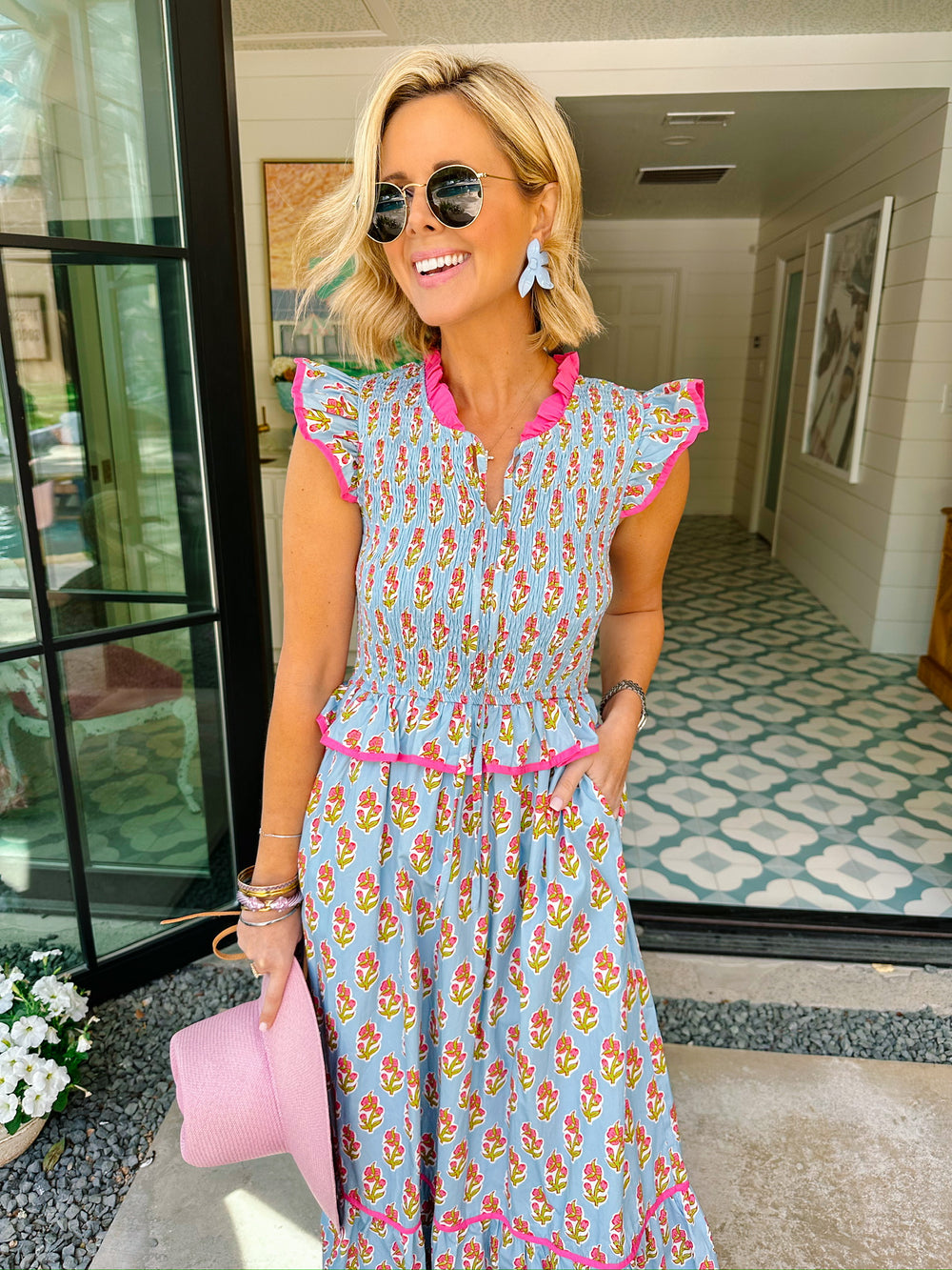 WORTH THE WAIT SMOCKED FLORAL BLOCK MIDI DRESS