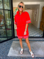 EVERY STEP OF THE WAY STRIPE TRIM SHORTS SET - RED