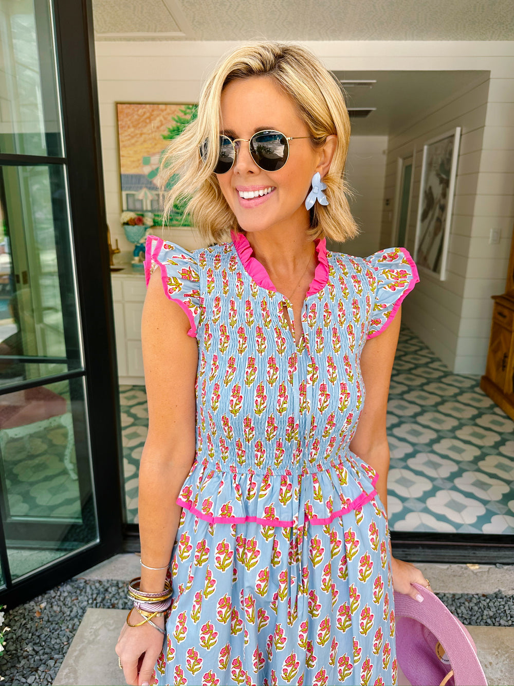 WORTH THE WAIT SMOCKED FLORAL BLOCK MIDI DRESS