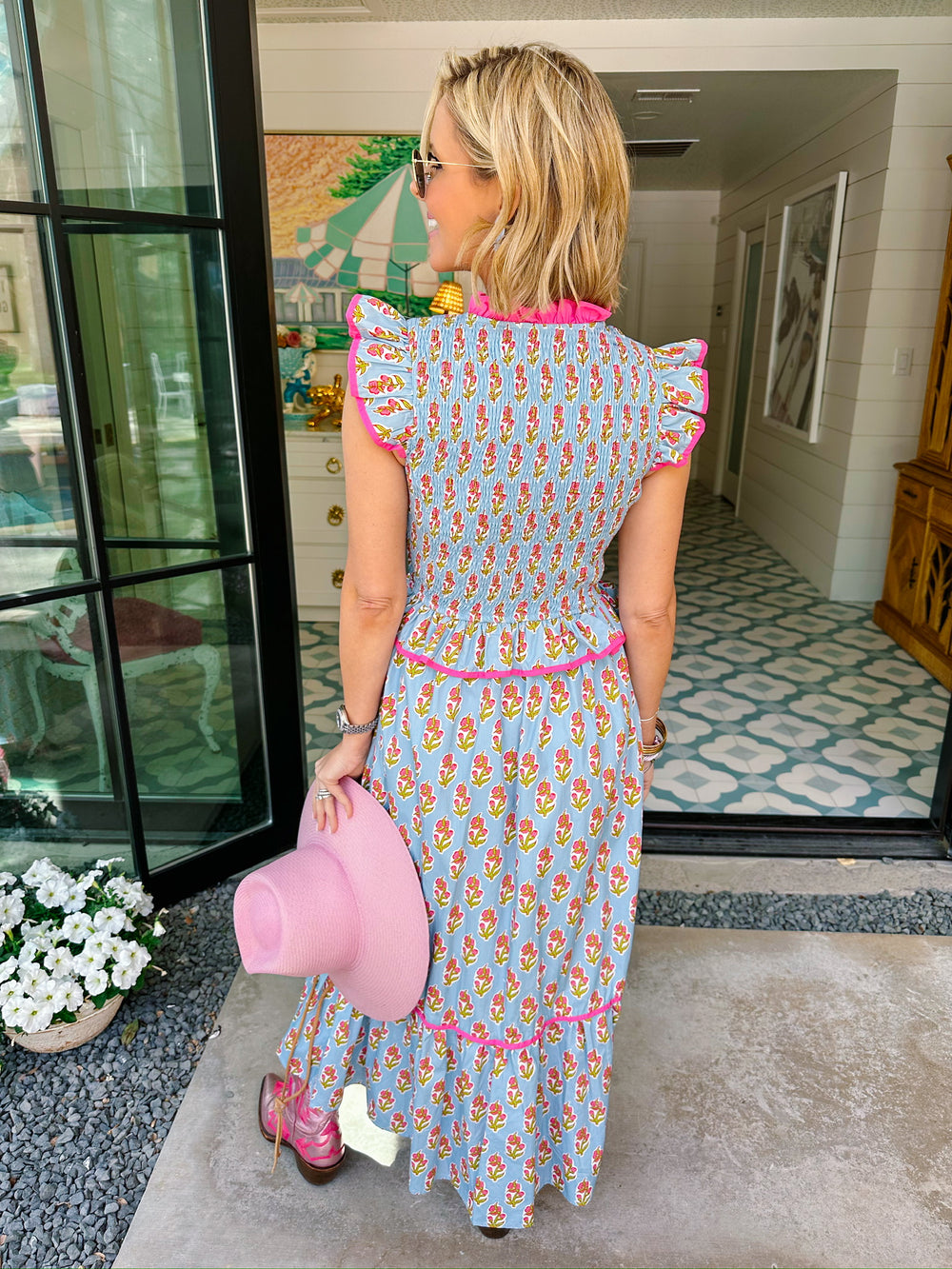 WORTH THE WAIT SMOCKED FLORAL BLOCK MIDI DRESS