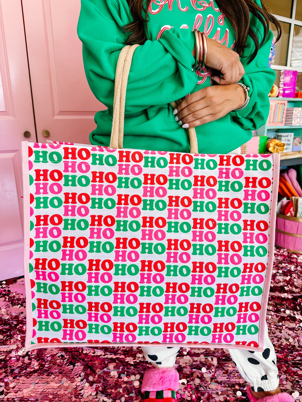 HO HO HO CARRYALL TOTE - WHITE/PINK 22x19x8