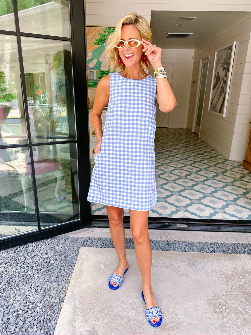 ALYSSA SCOOP BACK GINGHAM DENIM DRESS - BLUE