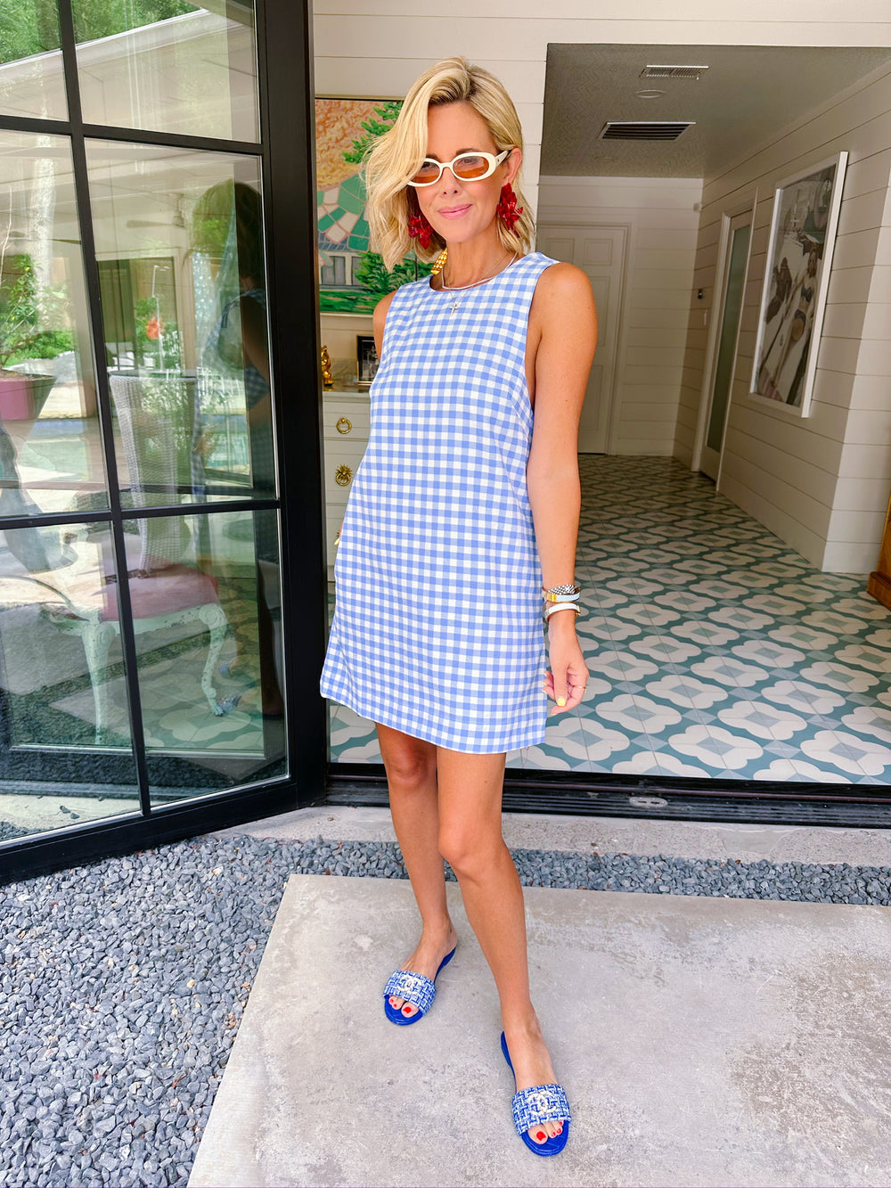 ALYSSA SCOOP BACK GINGHAM DENIM DRESS - BLUE