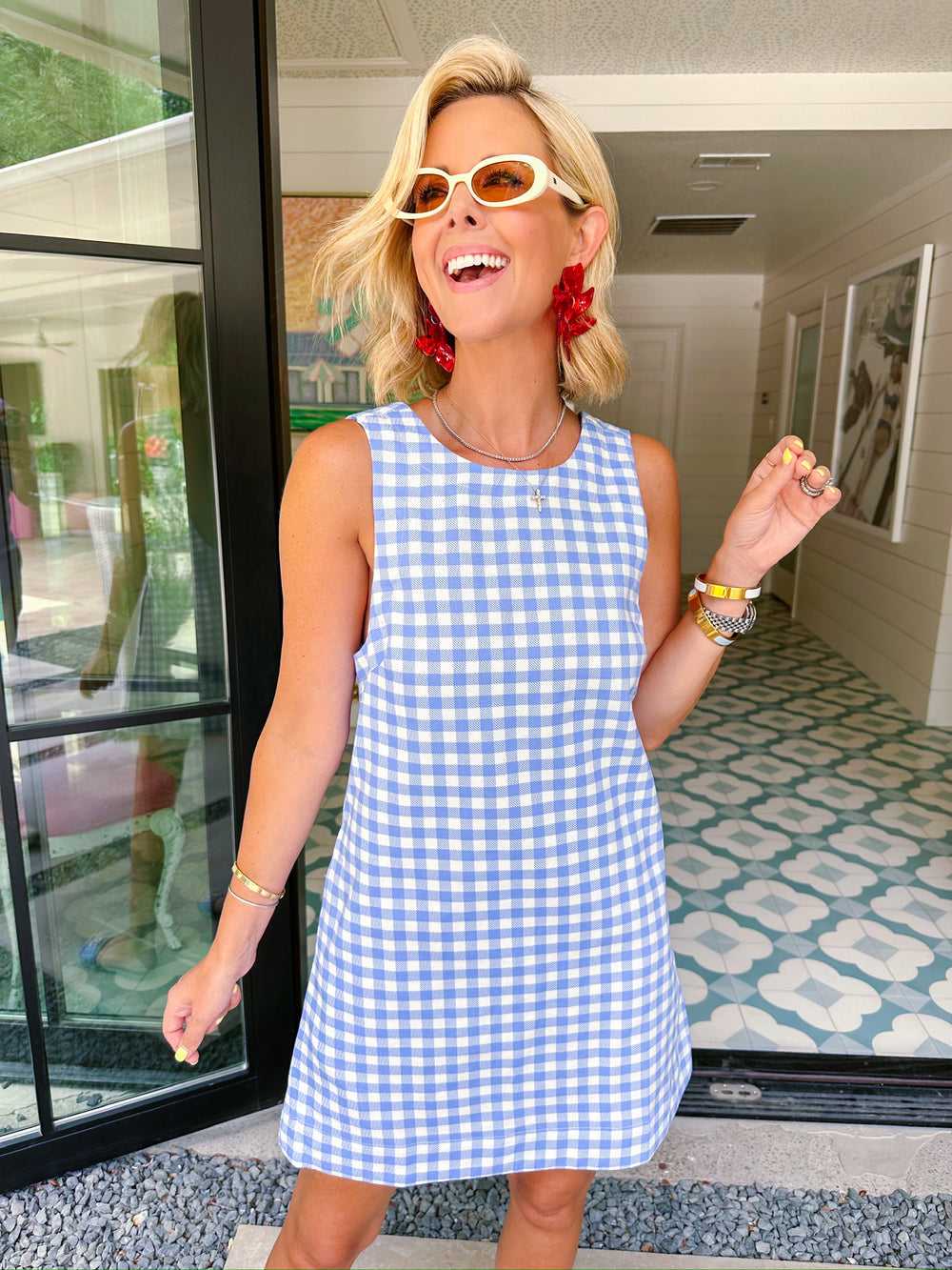ALYSSA SCOOP BACK GINGHAM DENIM DRESS - BLUE