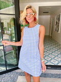 ALYSSA SCOOP BACK GINGHAM DENIM DRESS - BLUE