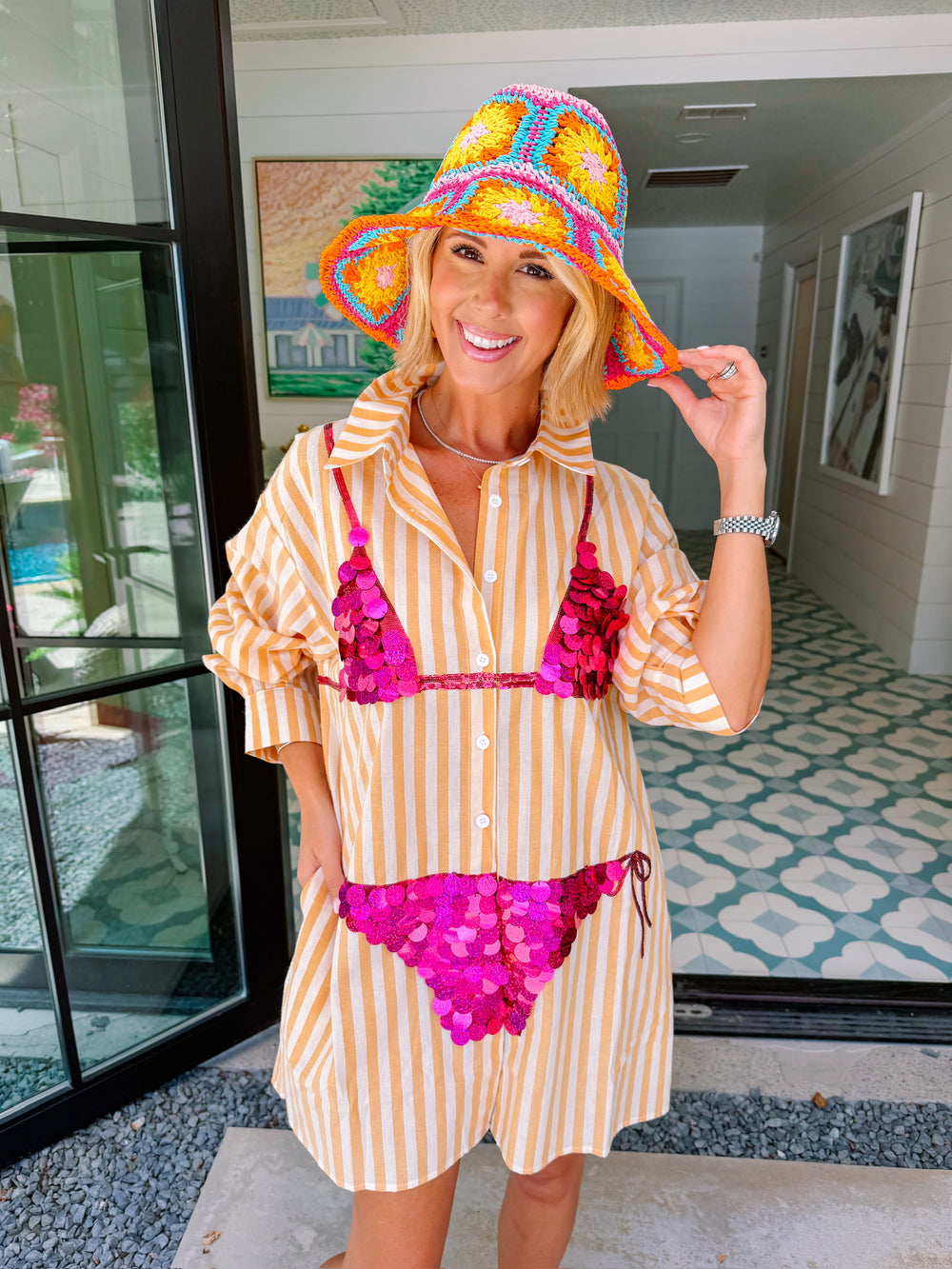 BERNICE GRANNY SQUARE STRAW BUCKET HAT - HOT PINK/ORANGE