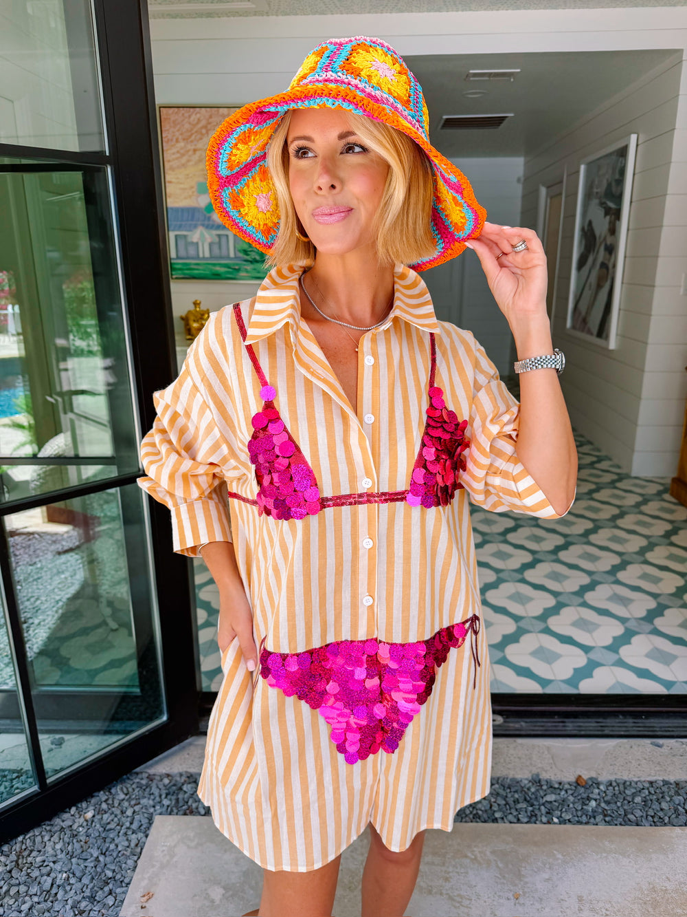 PAYTON PAILLETTE BIKINI STRIPE TUNIC - ORANGE/PINK