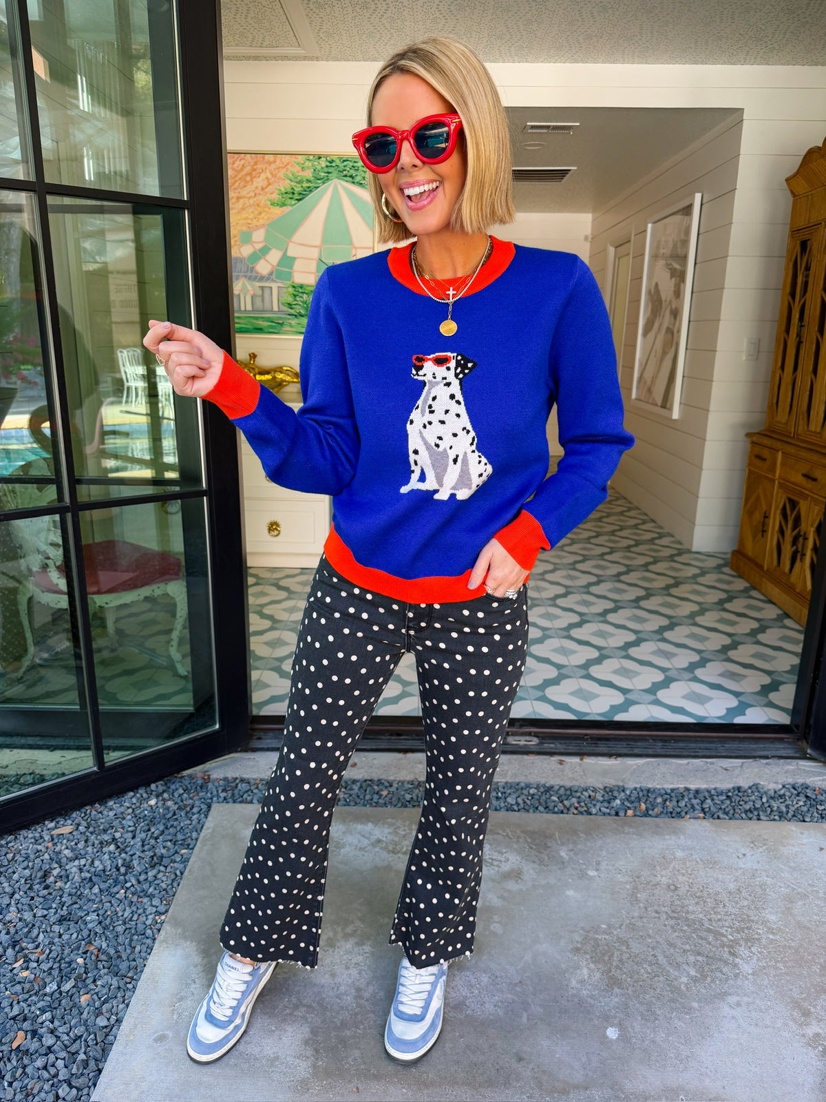 SPOTTED IN STYLE DALMATIAN COLORBLOCK SWEATER - BLUE/RED