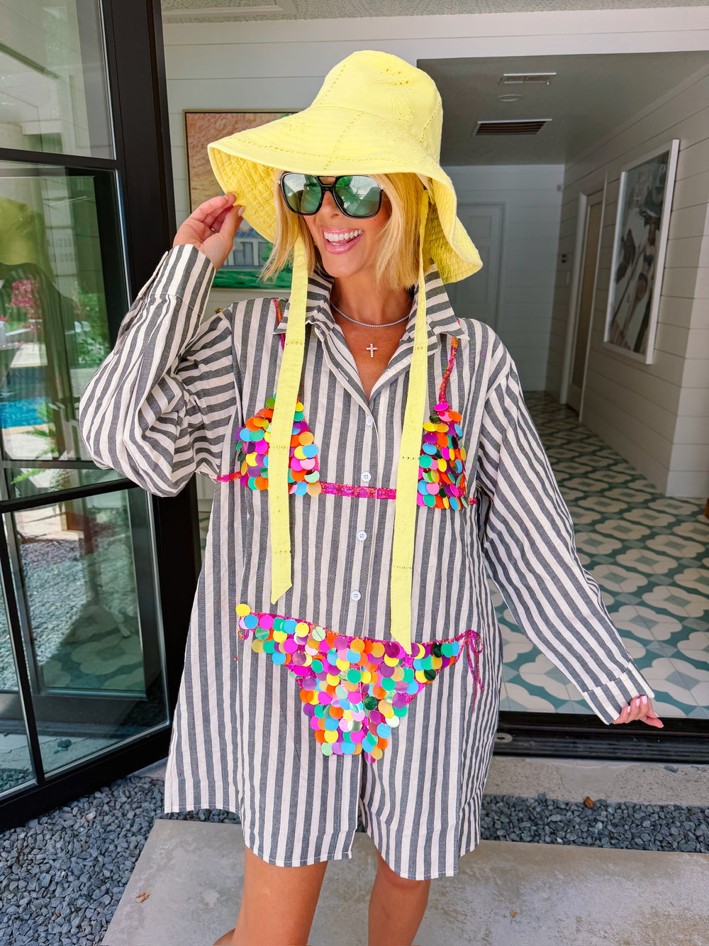 PAYTON PAILLETTE BIKINI STRIPE TUNIC - BLACK/MULTI