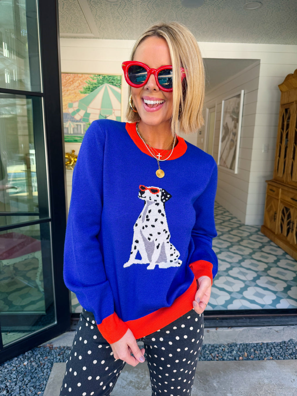 SPOTTED IN STYLE DALMATIAN COLORBLOCK SWEATER - BLUE/RED