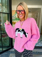BEYOND THE PASTURE COW SWEATER - PINK
