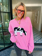 BEYOND THE PASTURE COW SWEATER - PINK