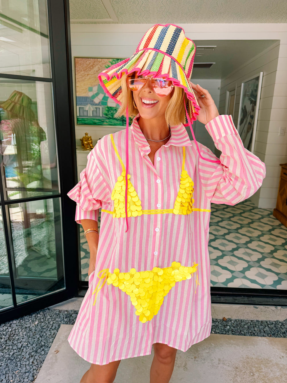 PAYTON PAILLETTE BIKINI STRIPE TUNIC - PINK/YELLOW