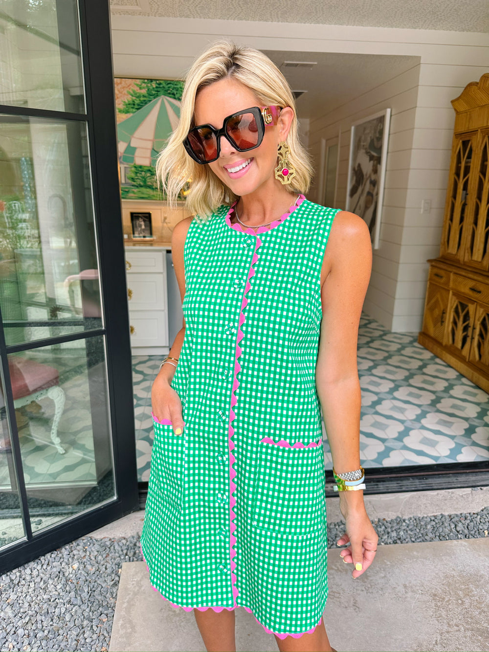GRETA GINGHAM RIC RAC TRIM DRESS - GREEN