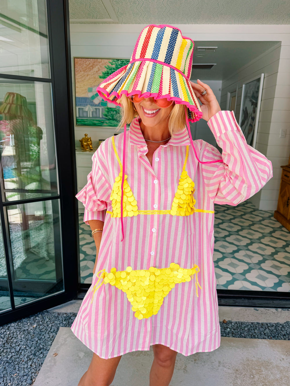PAYTON PAILLETTE BIKINI STRIPE TUNIC - PINK/YELLOW