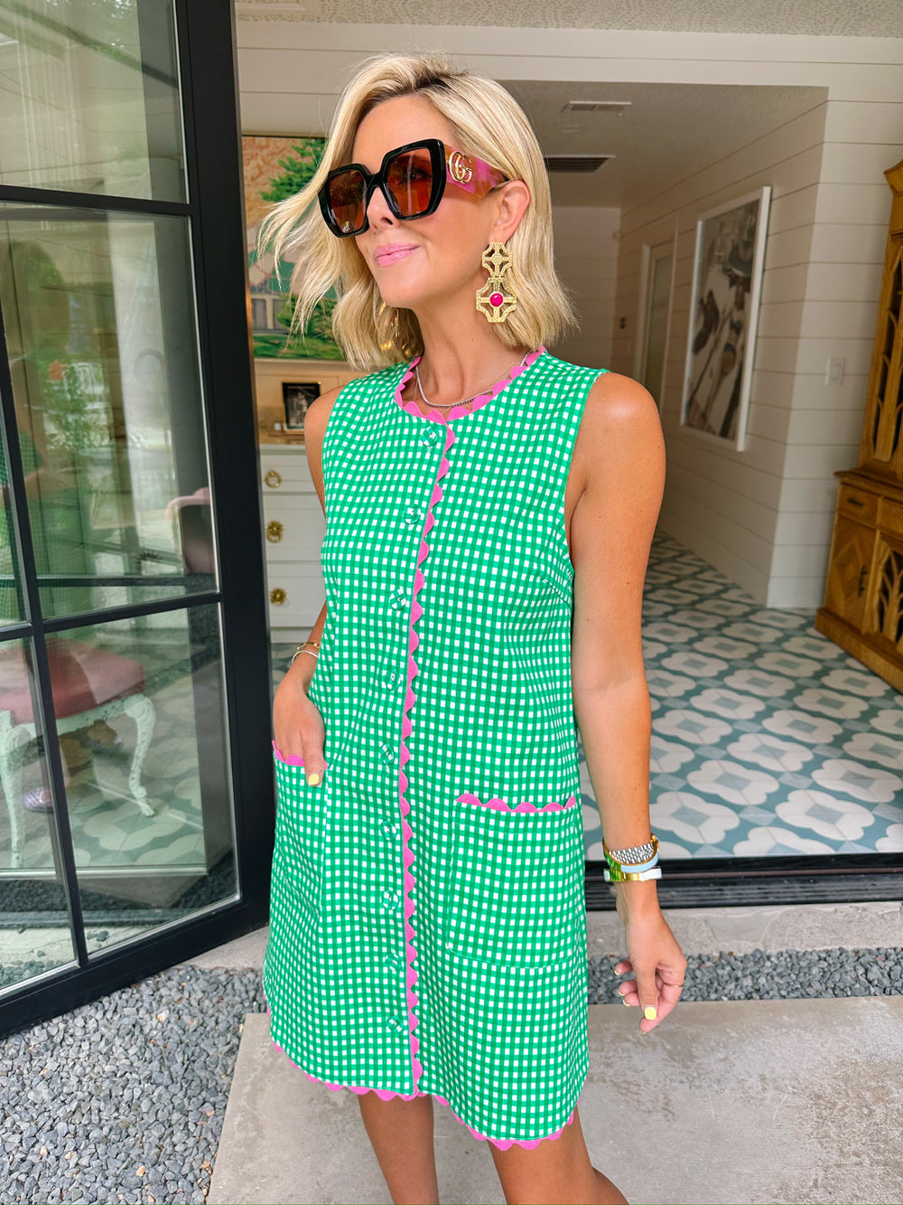 GRETA GINGHAM RIC RAC TRIM DRESS - GREEN