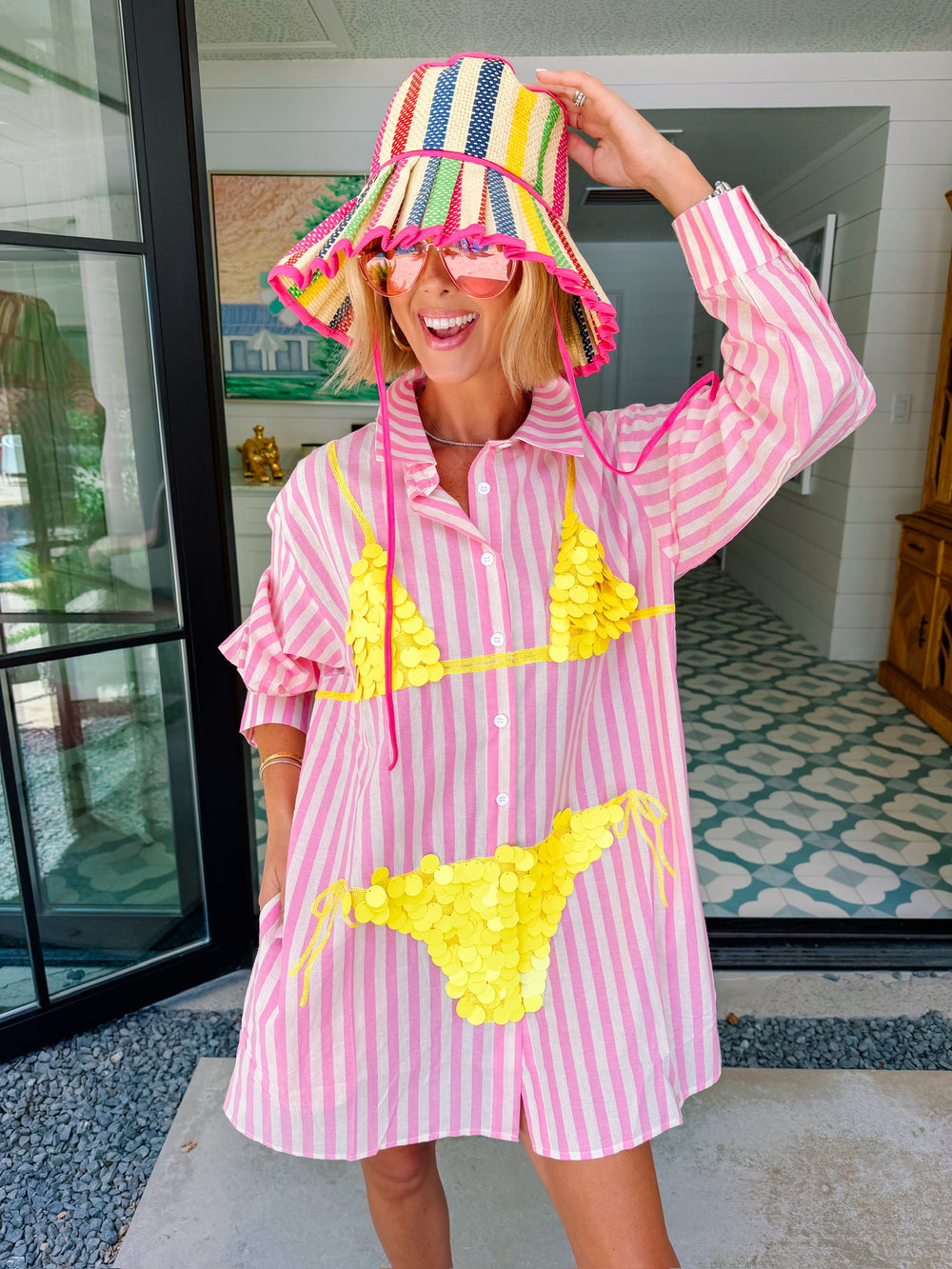 PAYTON PAILLETTE BIKINI STRIPE TUNIC - PINK/YELLOW
