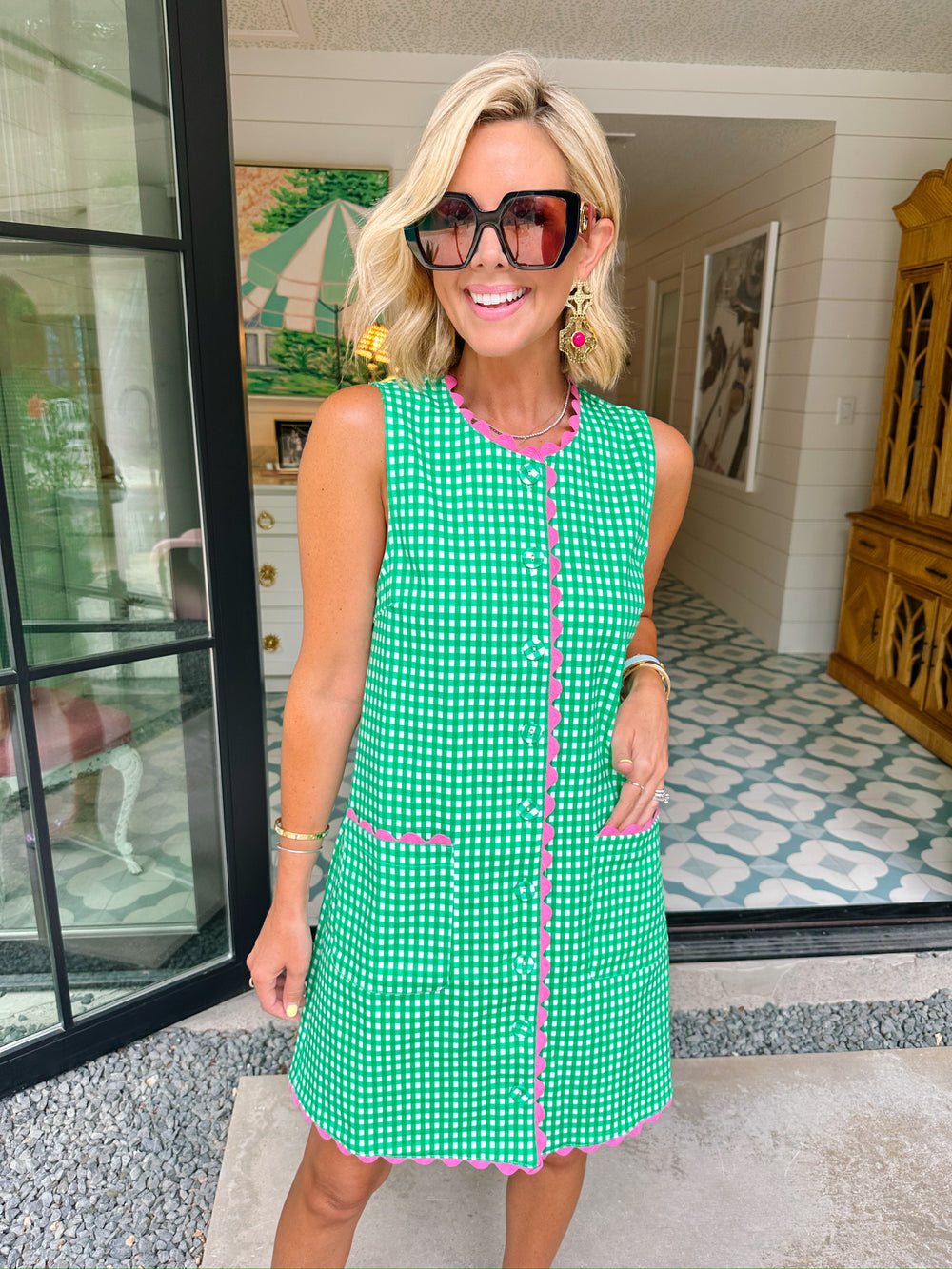 GRETA GINGHAM RIC RAC TRIM DRESS - GREEN