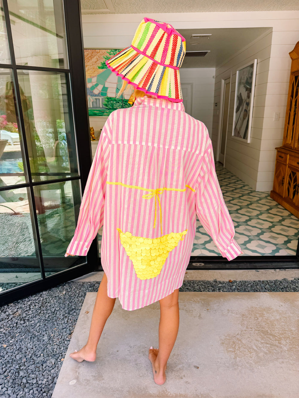 PAYTON PAILLETTE BIKINI STRIPE TUNIC - PINK/YELLOW