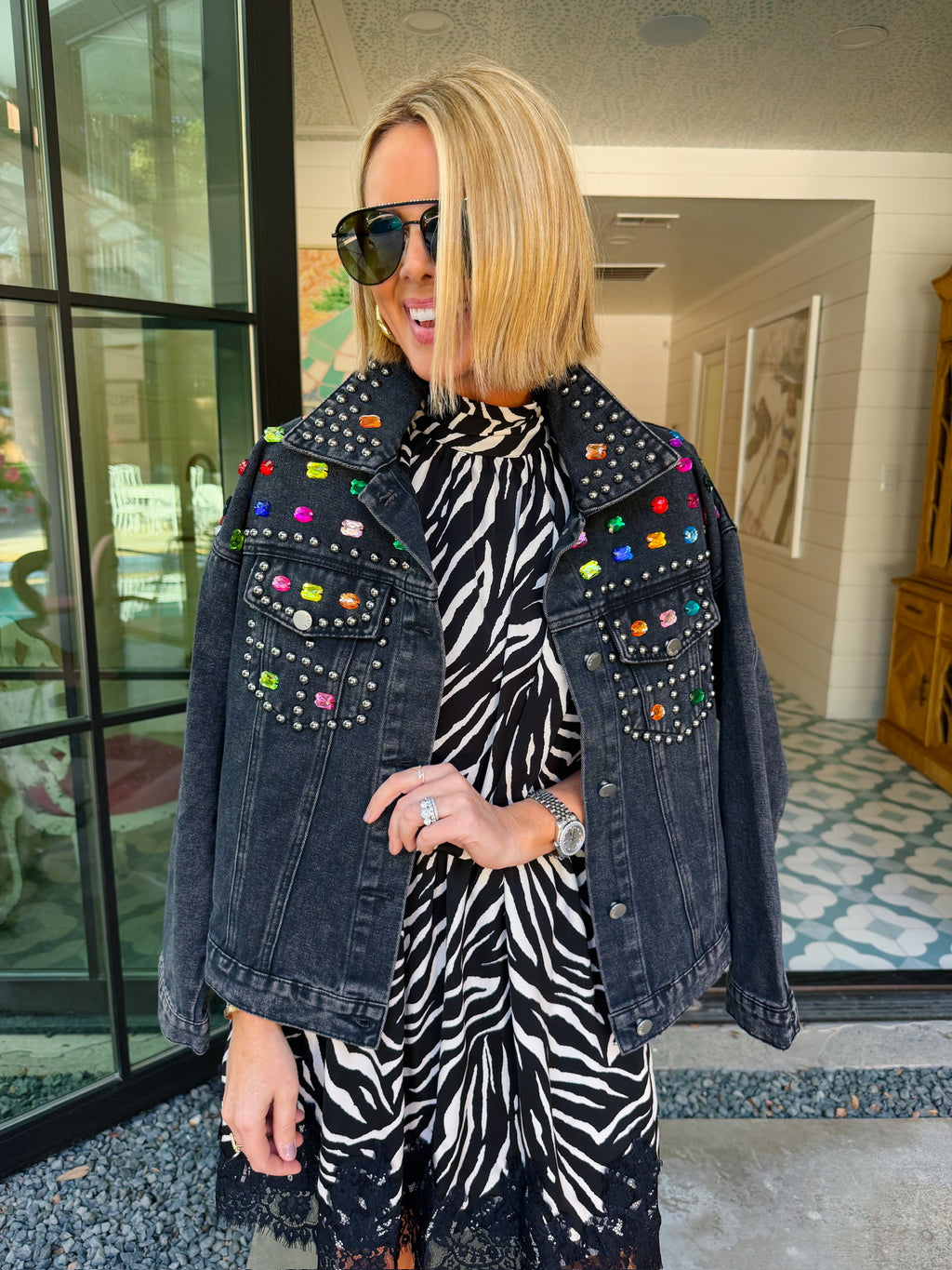 GEM OF A GIRL BEJEWELED DENIM JACKET - BLACK